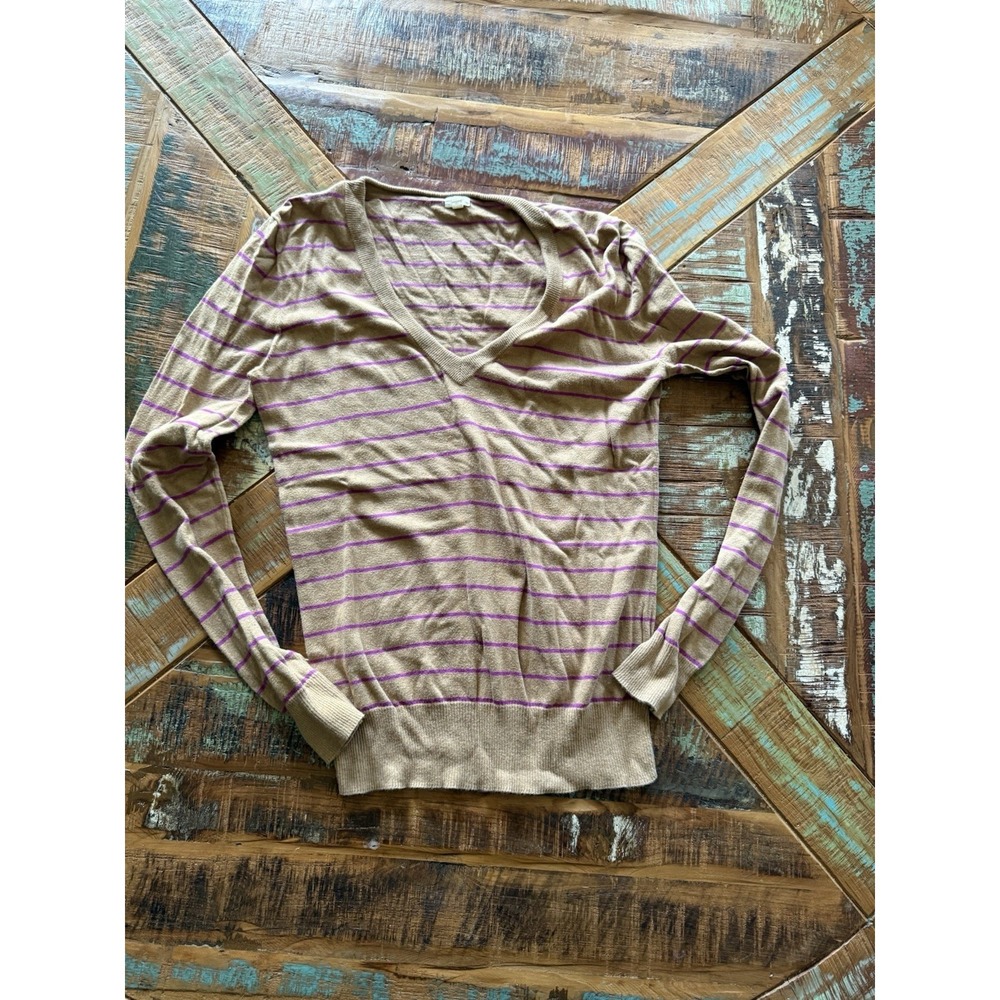 Women's J Crew Tan Purple Striped V‎ Neck Sweater Size Medium
